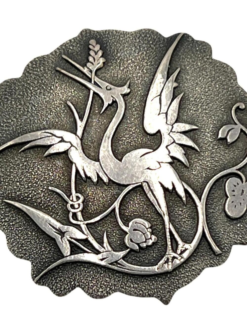 Vintage Brevet SGDG France Silvertone Crane Oriental Brooch